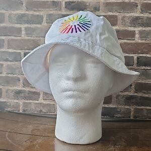 White Bucket Hat with Rainbow Sun Embroidery